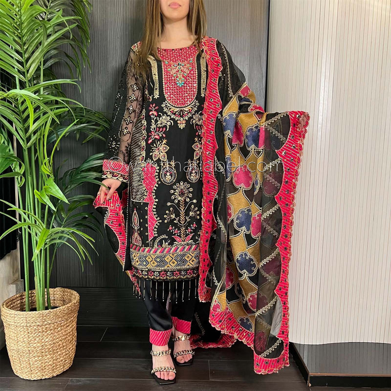 Black Pink Heavily Embroidered Net Suit