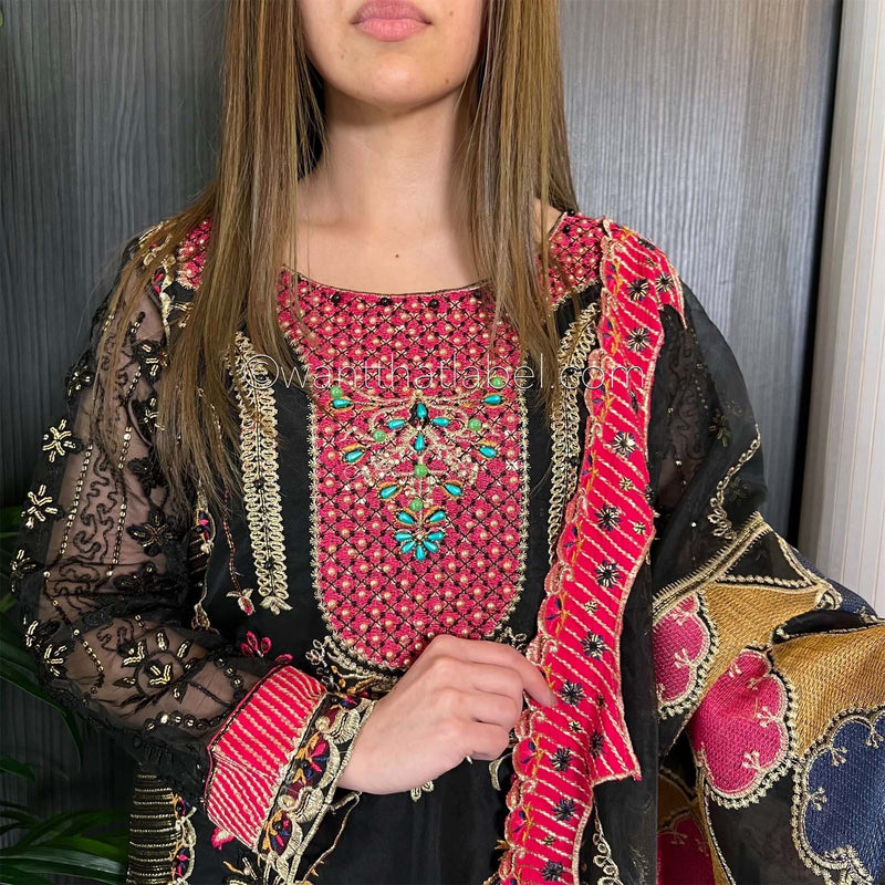 Black Pink Heavily Embroidered Net Suit