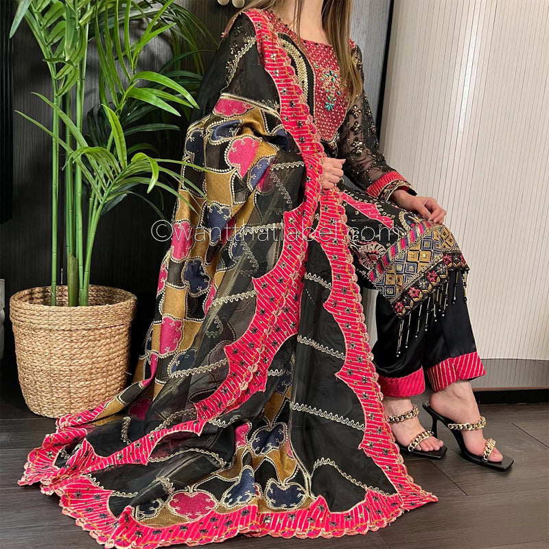 Black Pink Heavily Embroidered Net Suit