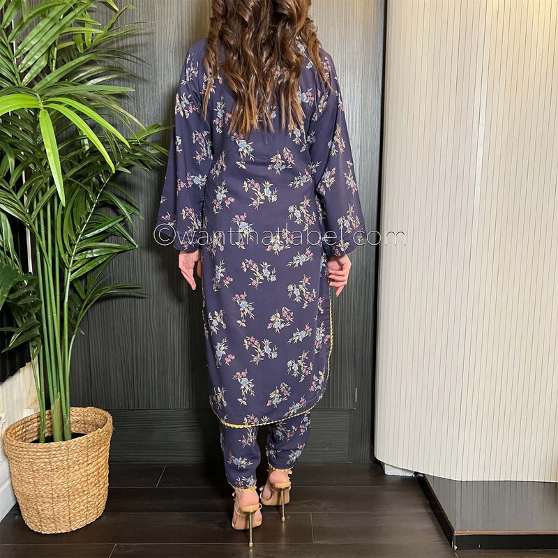 Blue Mixed Floral Linen 2 Piece Co-Ord Set