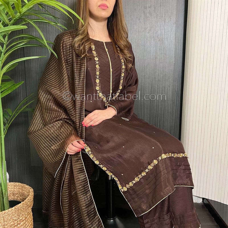 Brown Hand Embroidered Cotton Silk Suit