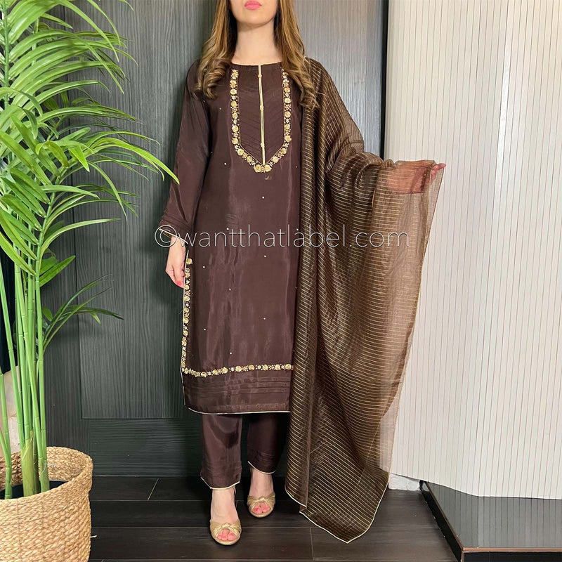 Brown Hand Embroidered Cotton Silk Suit