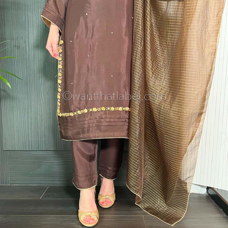 Brown Hand Embroidered Cotton Silk Suit