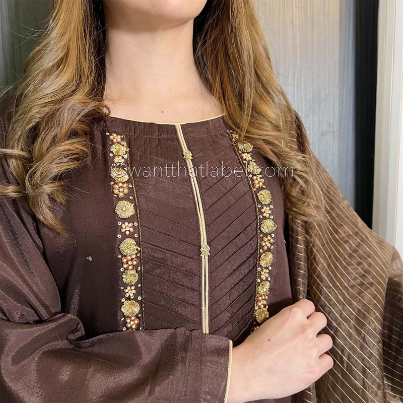Brown Hand Embroidered Cotton Silk Suit