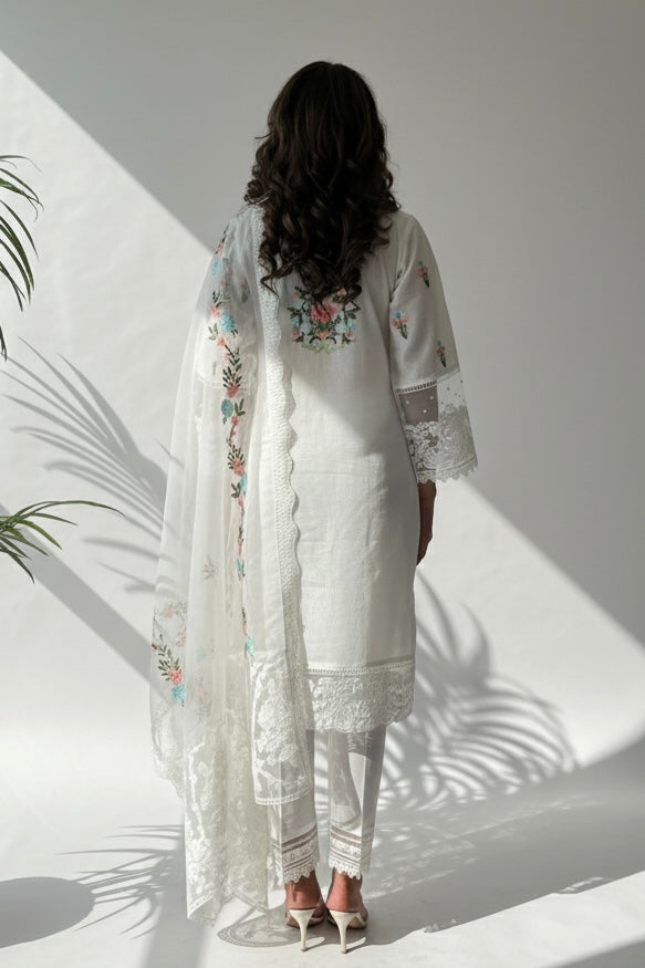 Fiza Ivory Cotton Chickenkari Pearl Embroidered 3 Piece Suit