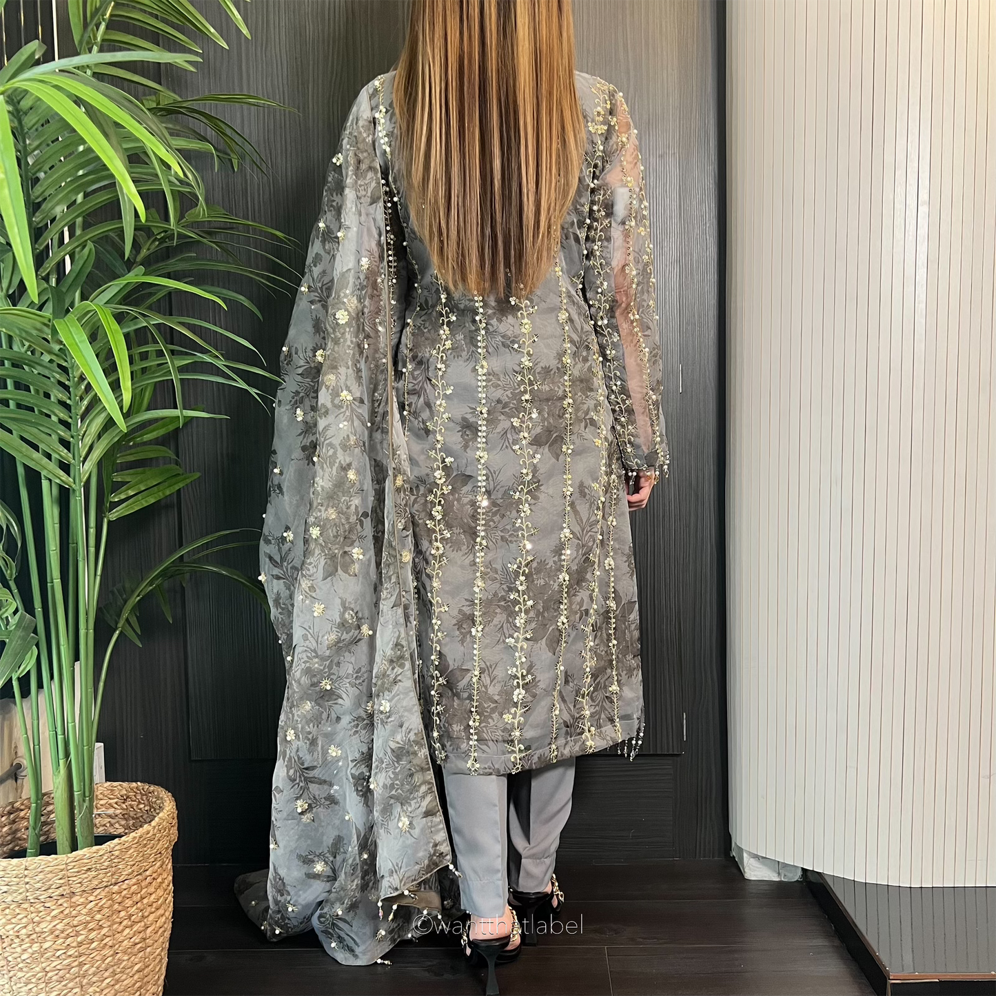 Mahirah Grey Gold Sequin Embroidered Organza Suit