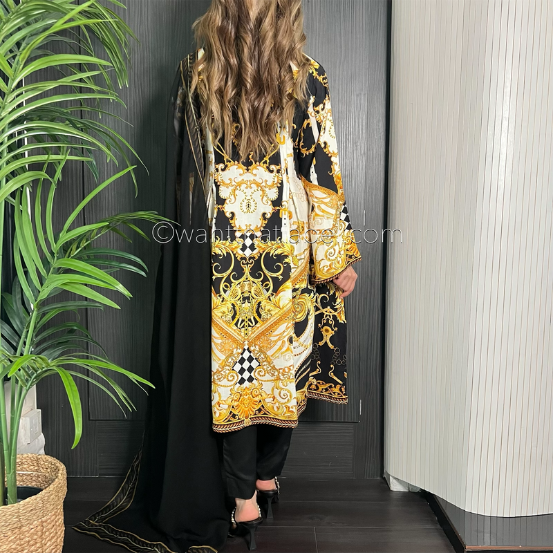 Black Baroque Print Mirror Peplum Frock Suit