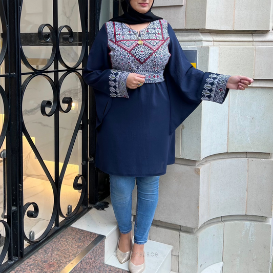Dania Palestinian Navy White Embroidery Kaftan Dress