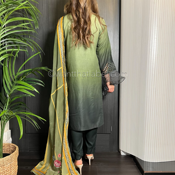 Green Ombre Mirror Embroidered Chikankari Suit