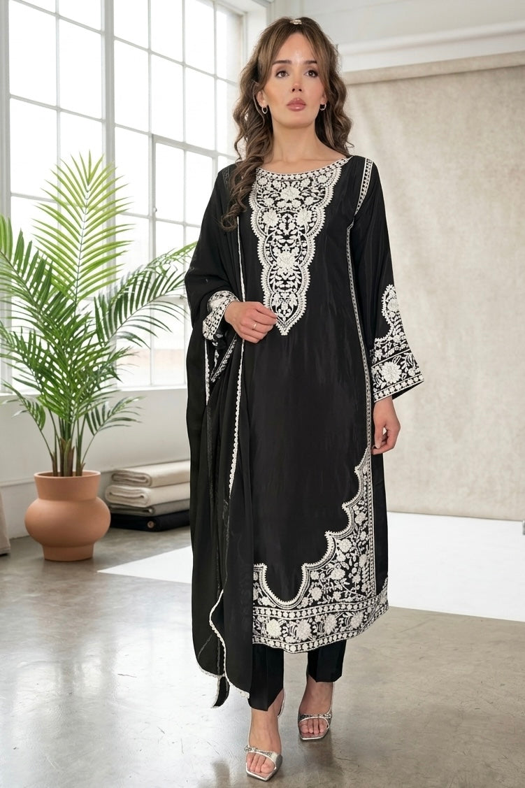 Ariana Black Raw Silk Pearl Embroidered Long Kameez 3 Piece Suit