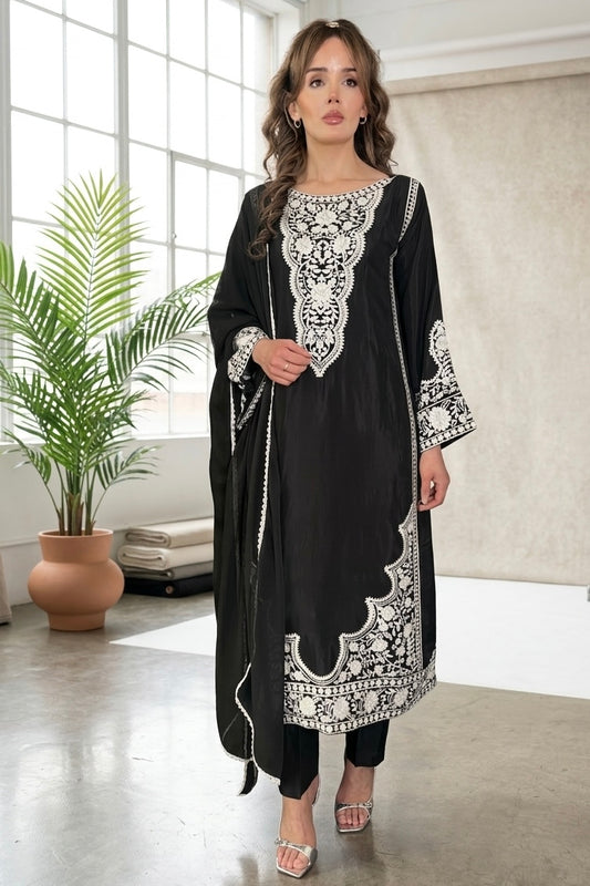 Ariana Black Raw Silk Pearl Embroidered Long Kameez 3 Piece Suit