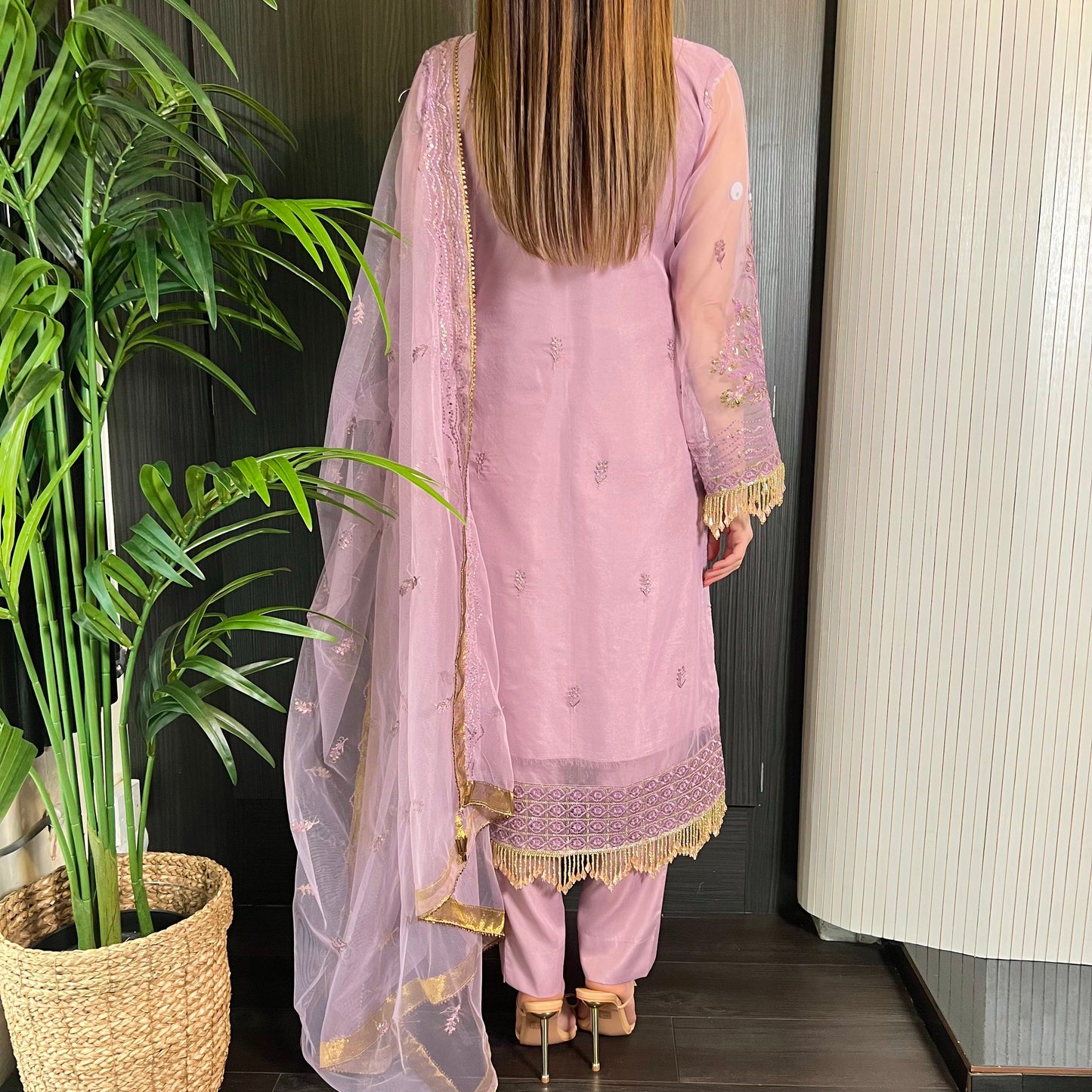 Prêt Pink Antique Gold Heavily Embroidered Organza Suit