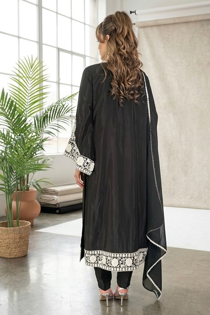 Ariana Black Raw Silk Pearl Embroidered Long Kameez 3 Piece Suit