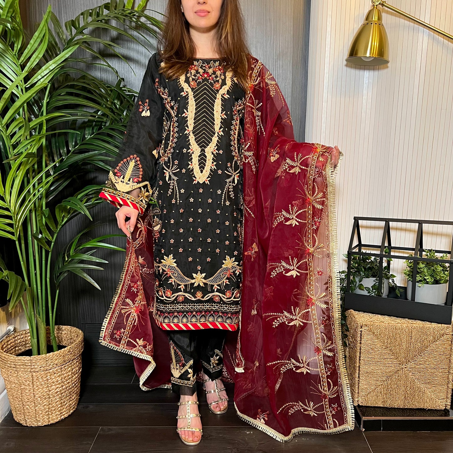 Areej Original Black Burgundy Heavily Embroidered Suit