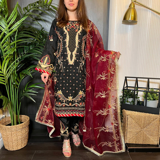 Areej Original Black Burgundy Heavily Embroidered Suit