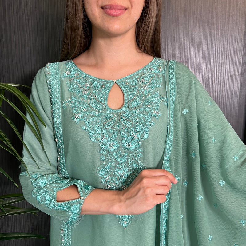 Teal Hand Embroidered Chiffon Suit
