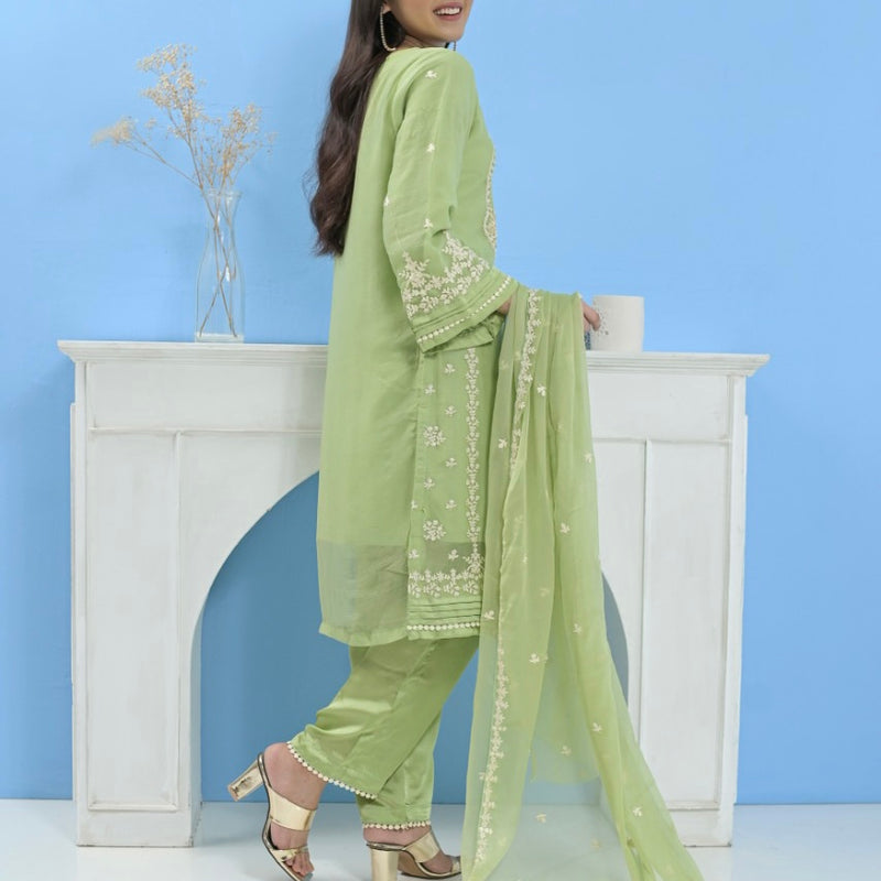 Mummy & Me Ladies Green Chiffon Hand Embroidered Suit