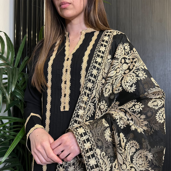 Jasmine Black Gold Lace Trim Linen Organza Dupatta Suit