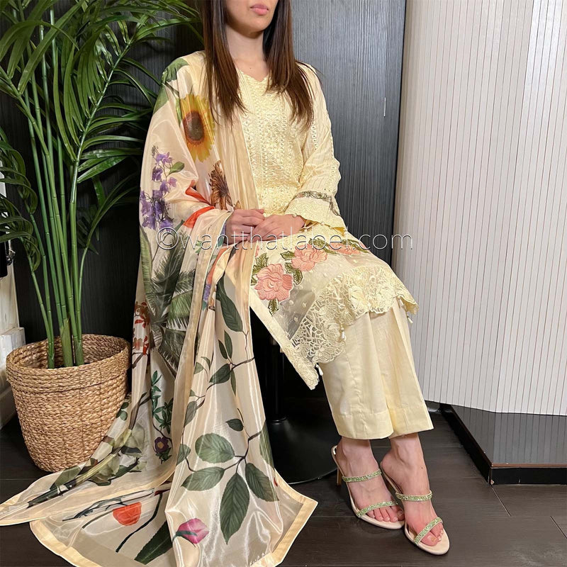 Crimson Inspired Ivory Floral Chikankari Suit