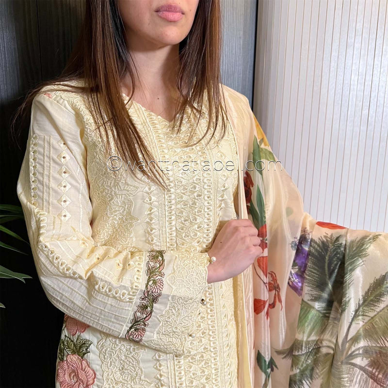Crimson Inspired Ivory Floral Chikankari Suit