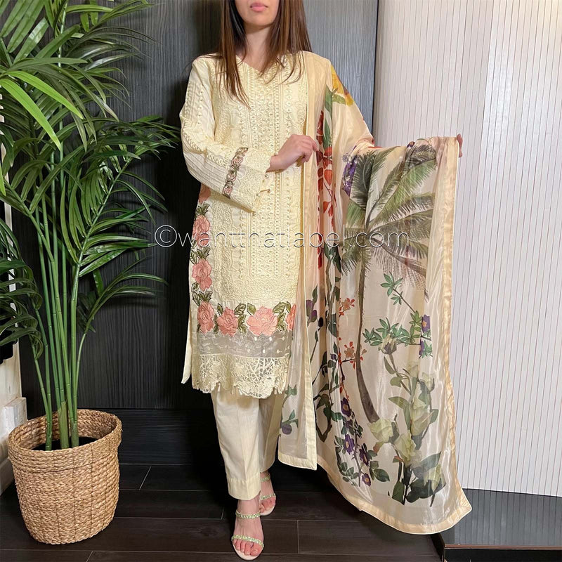 Crimson Inspired Ivory Floral Chikankari Suit