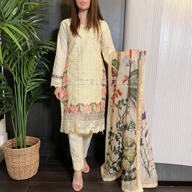 Crimson Inspired Ivory Floral Chikankari Suit