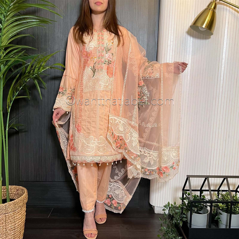 Crimson Inspired Peach Floral Chikankari Lawn Suit