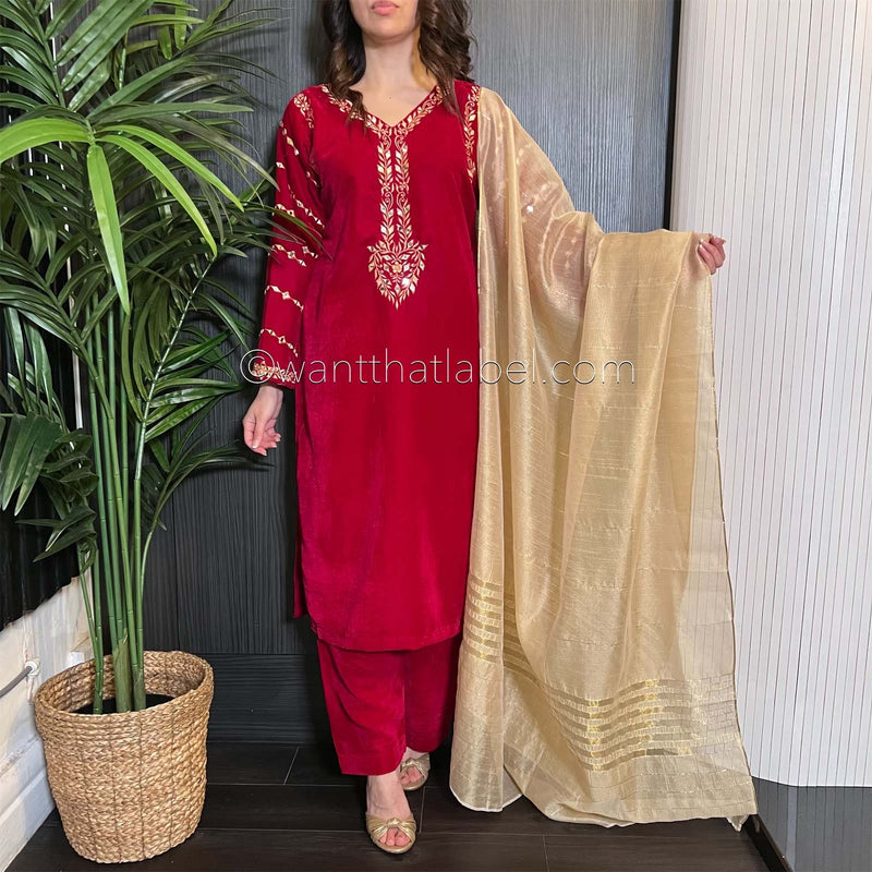 Crimson Velvet Gold Mirror Embroidered Suit