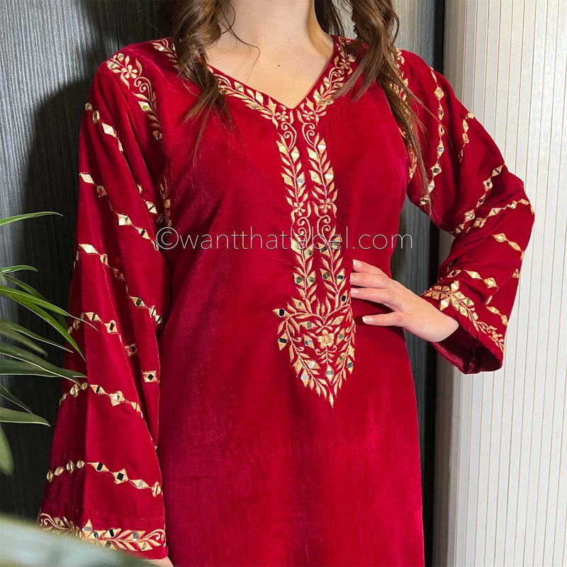 Crimson Velvet Gold Mirror Embroidered Suit
