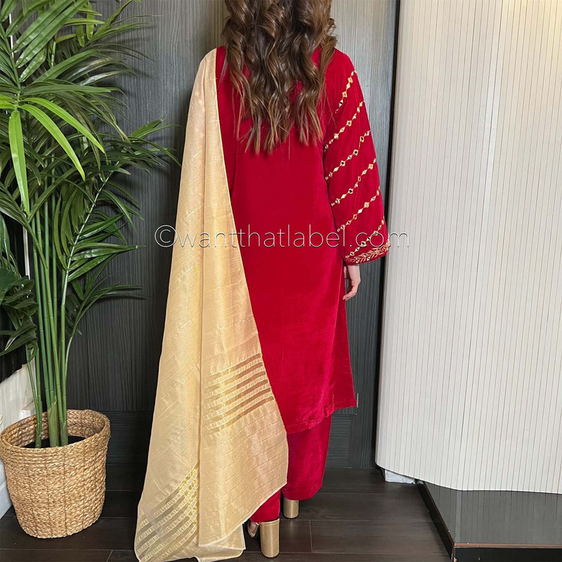 Crimson Velvet Gold Mirror Embroidered Suit