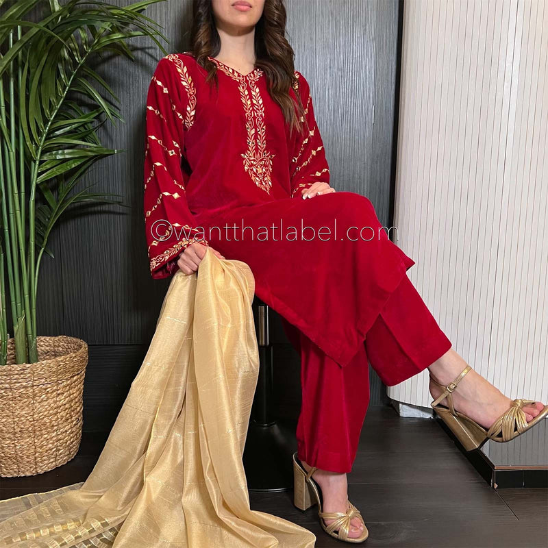 Crimson Velvet Gold Mirror Embroidered Suit