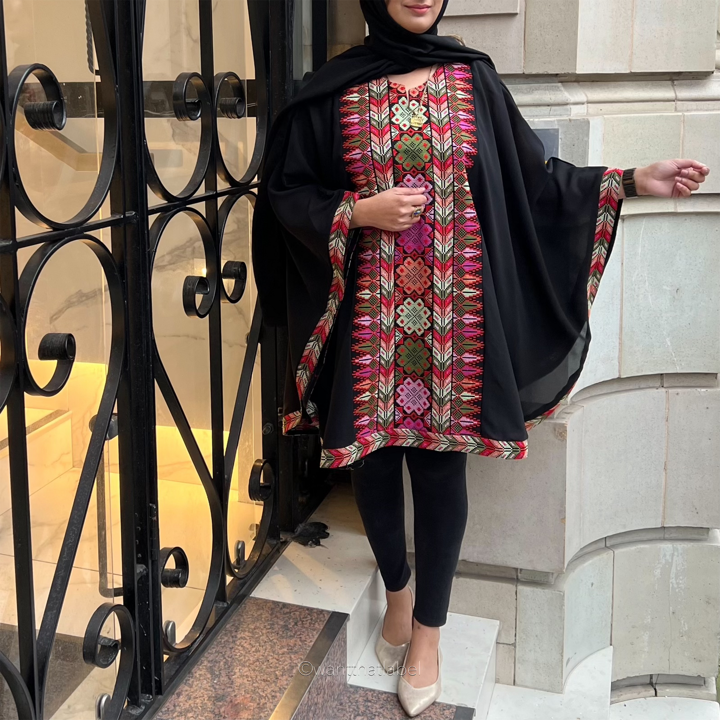 Liyana Palestinian Black Multi Embroidery Chiffon Cape Kaftan