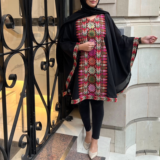 Liyana Palestinian Black Multi Embroidery Chiffon Cape Kaftan