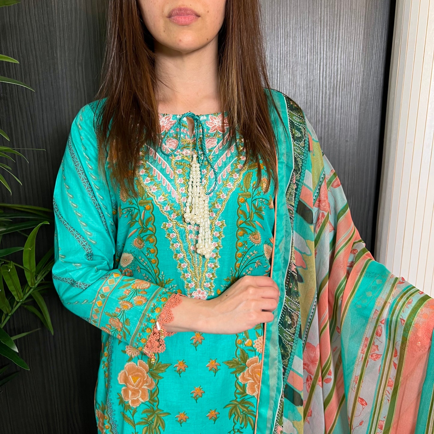Sobia Nazir Inspired Sea Green Peach Print Lawn Suit