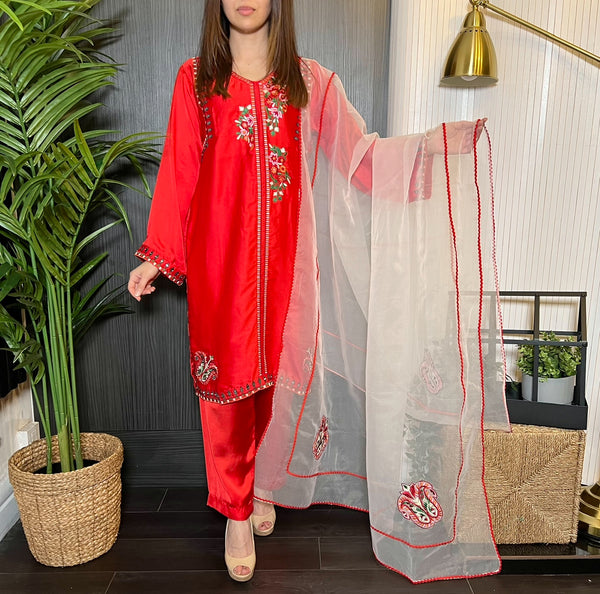 Red Mirror Embroidered Satin Kurta Suit