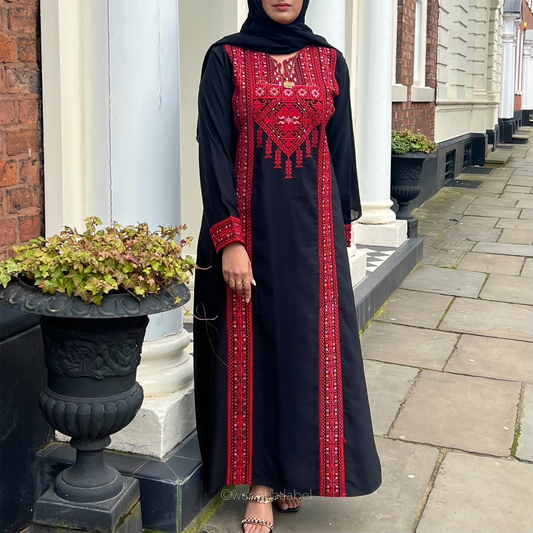 Aisha Palestinian Black Red Embroidery Maxi Abaya Thobe