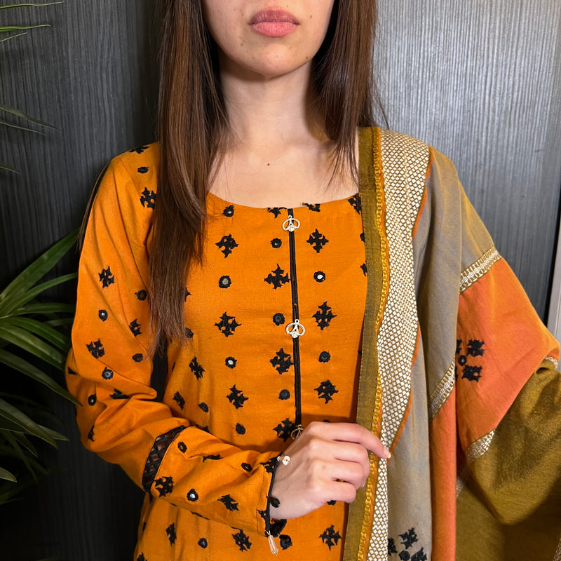 Mustard Sindi Hand Embroidered Mirror Shawl Suit