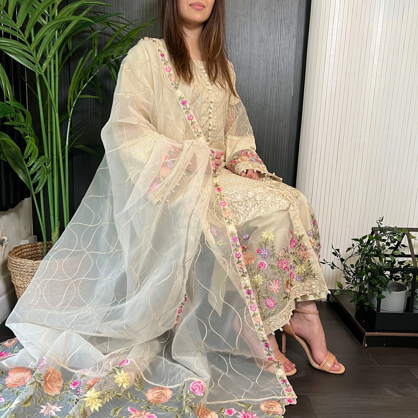 Karma Original Beige Sequin Embroidered Kameez Suit