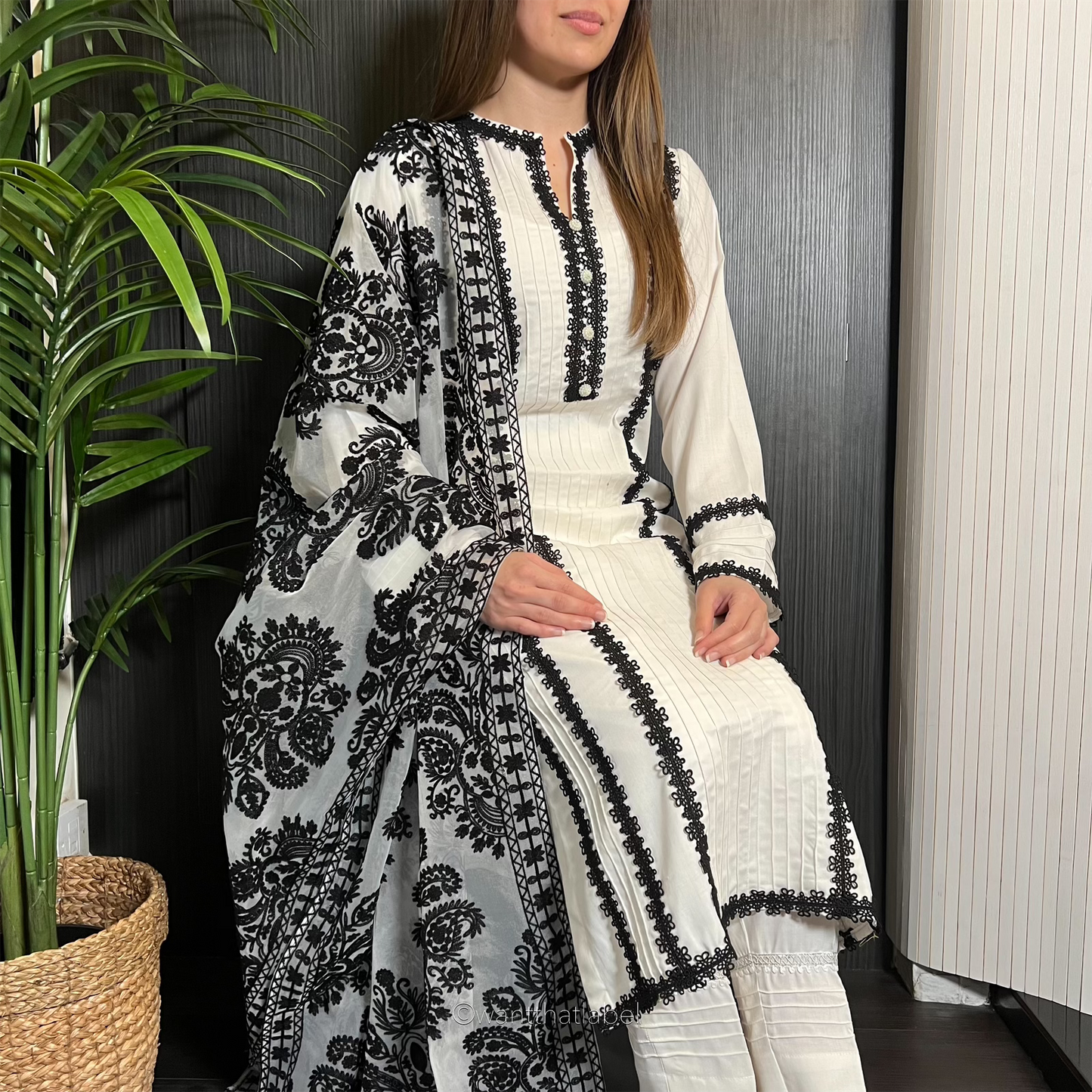 PRE-ORDER Karina White Black Lace Trim Linen Organza Dupatta Suit