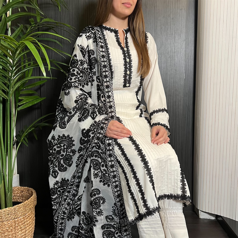 Karina White Black Lace Trim Linen Organza Dupatta Suit