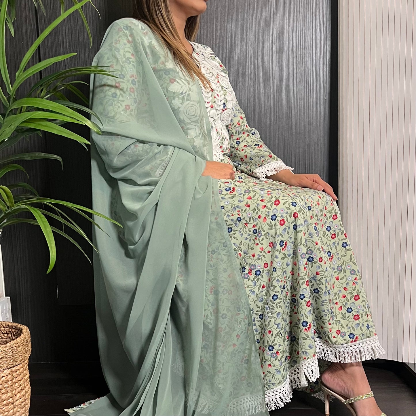 Green Floral Embroidered 3 Piece Dress Suit
