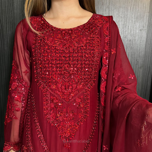 Prêt Maryam Deep Red Heavily Embroidered Chiffon Suit