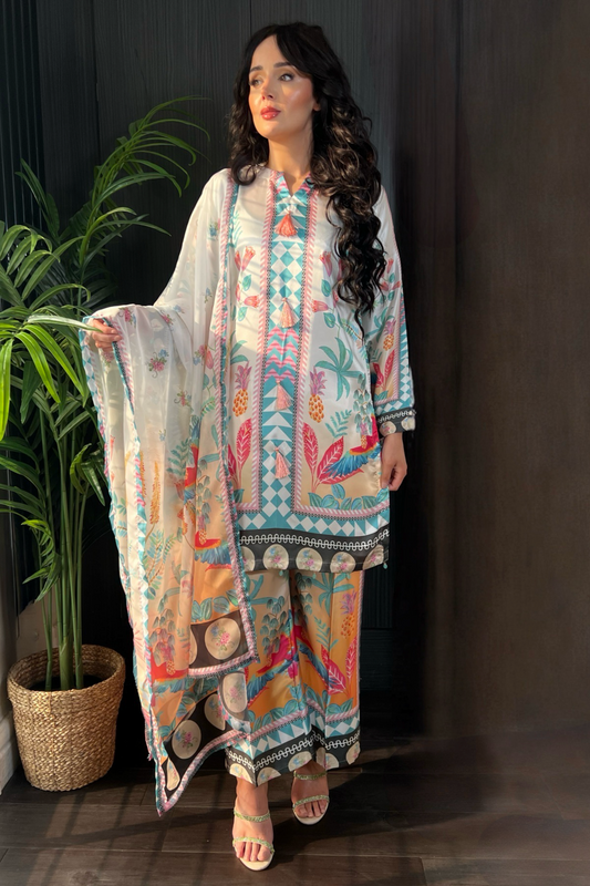 Yumna Tropical Printed White Satin Silk 3 Piece Suit