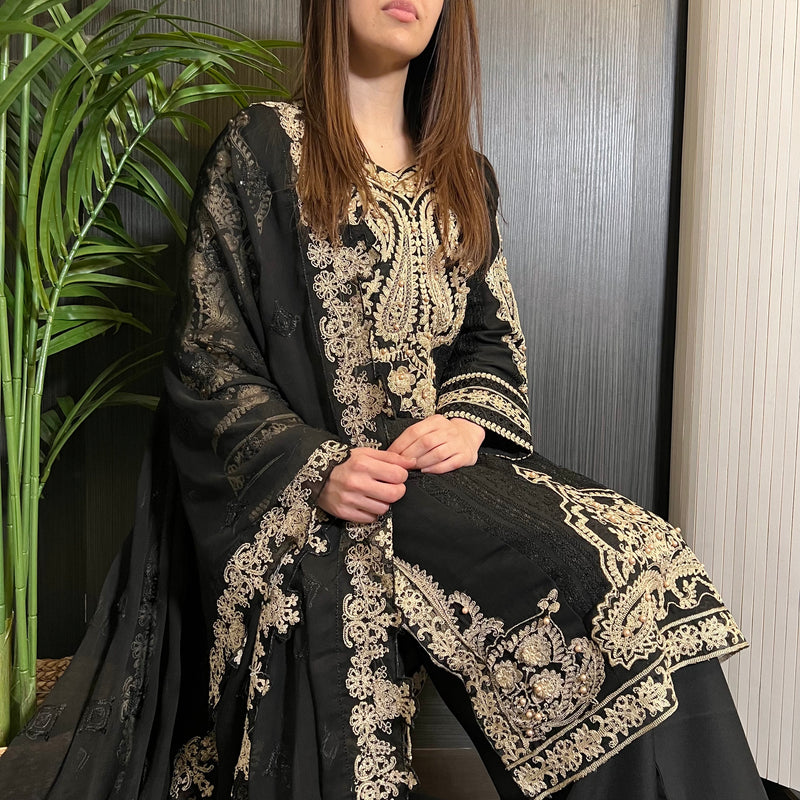 Maria B Inspired Black Heavily Embroidered Chiffon Suit