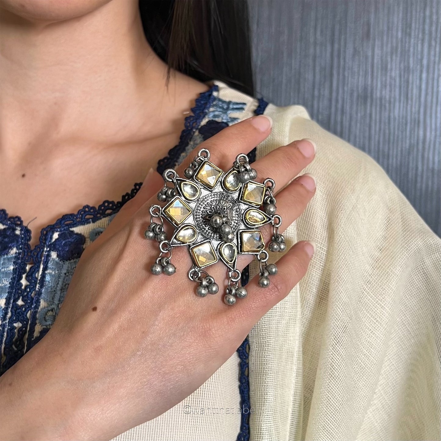 Nazreen Silver Oxidized Star Vintage Mirror Ring
