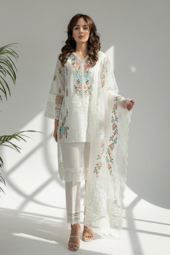 Fiza Ivory Cotton Chickenkari Pearl Embroidered 3 Piece Suit