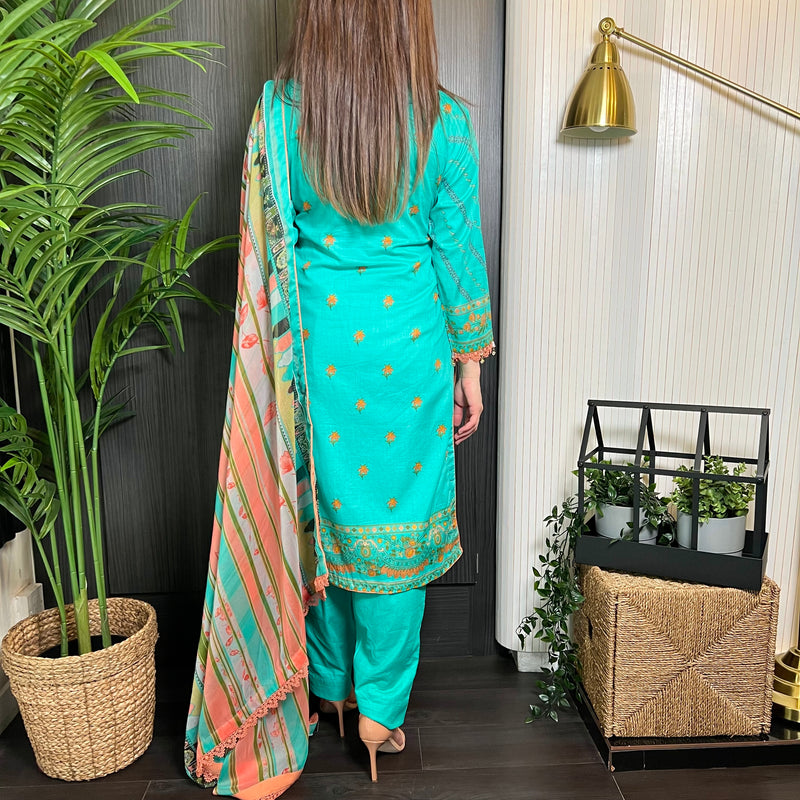 Sobia Nazir Inspired Sea Green Peach Print Lawn Suit