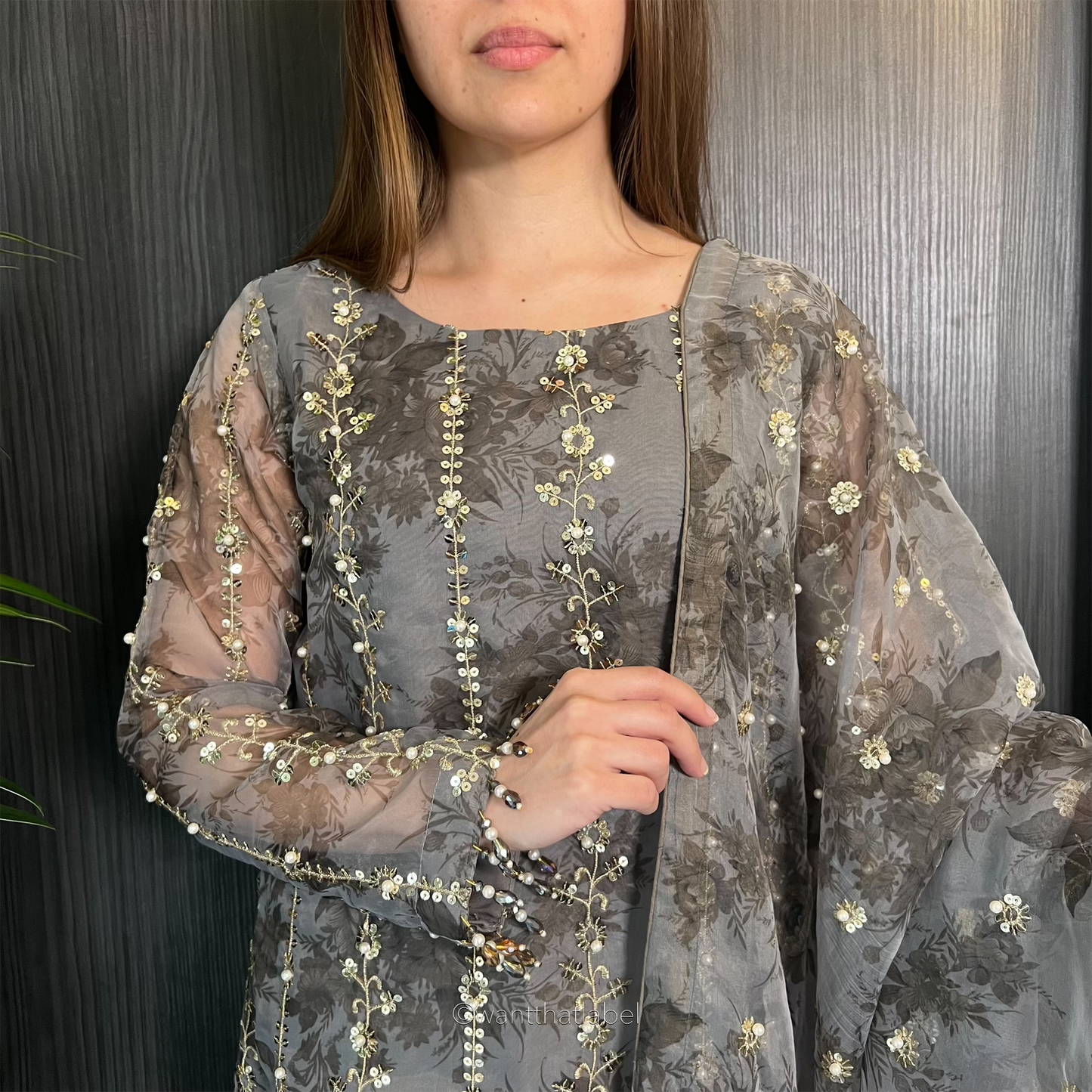 Mahirah Grey Gold Sequin Embroidered Organza Suit