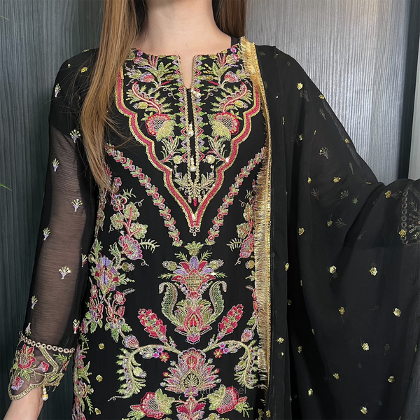 Sierra Black Multi Gold Sequin Embroidered Chiffon Suit
