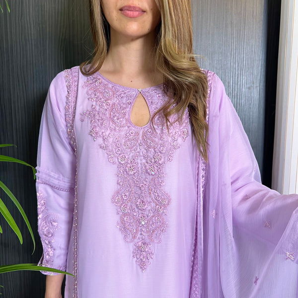 Lilac Hand Embroidered Chiffon Suit